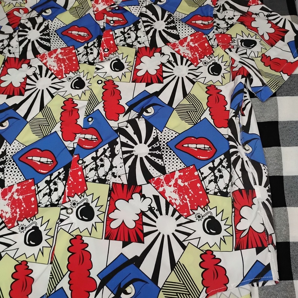 Blue Gear Comic Multi Color‎ Stretch Short Sleeve Button Abstract Graphics XL - Picture 3 of 16